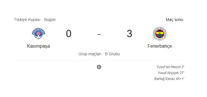 Kasımpaşa 0 Fenerbahçe 3 Maç Sonucu Ziraat Türkiye Kupası B Grubu