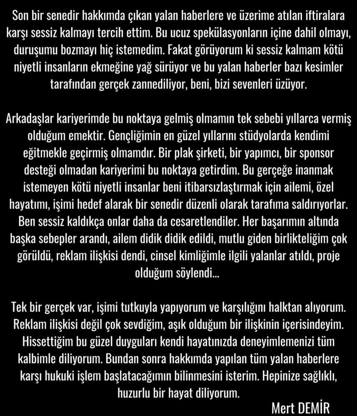 MERT DEMİR’DEN AÇIKLAMA: “CİNSEL KİMLİĞİMLE İLGİLİ…”