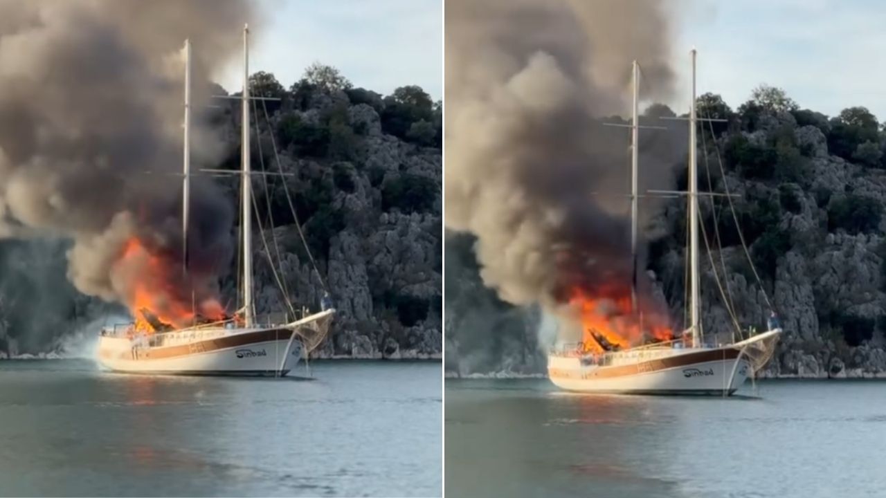 Antalya Kekova açıklarında yat alev alev yandı